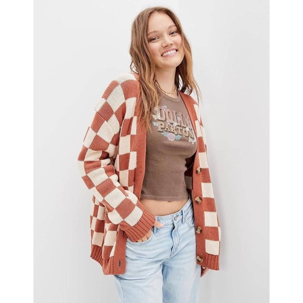 American Eagle Checkered Eclectic Grandpa Oversized Sweater Brown Cream S